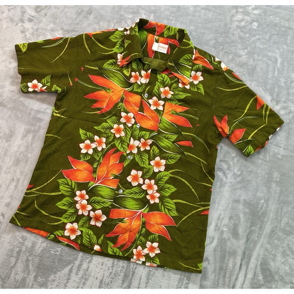 Vintage 60s Hawaiian Bark Cloth Pocket Shirt Floral Honolulu Surf Luau Mod Mens